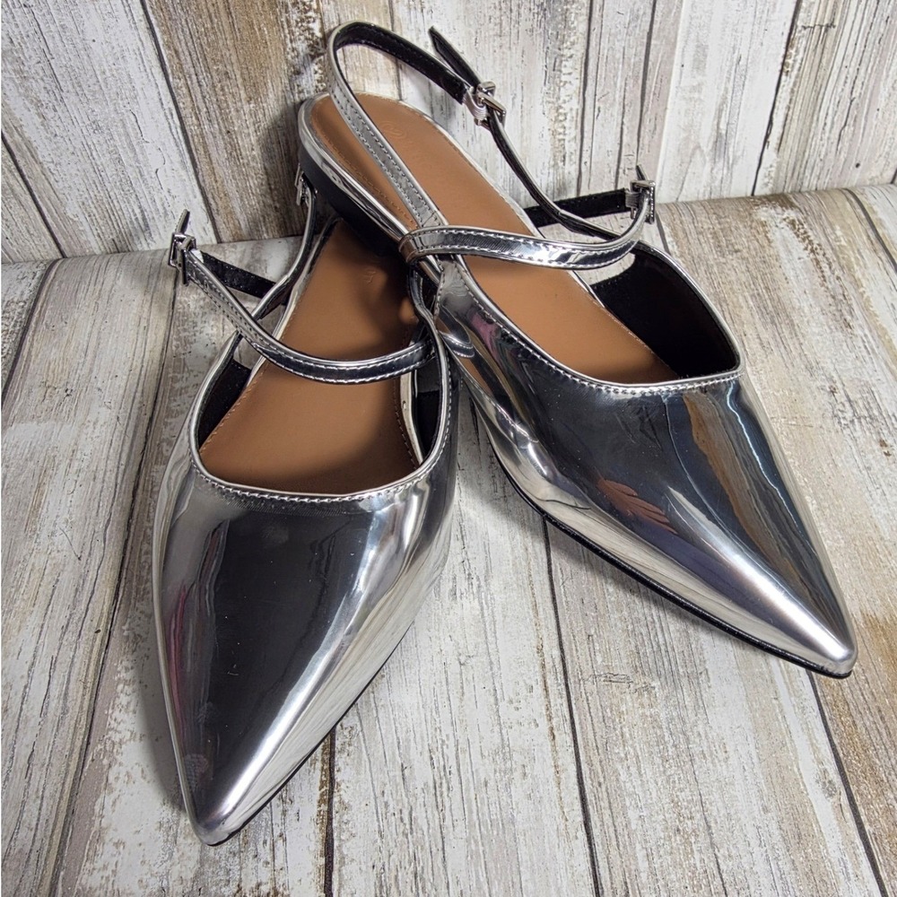 The Drop Women Metallic Silver Pointed Toe Slingback Mary Jane Flats Shoes
